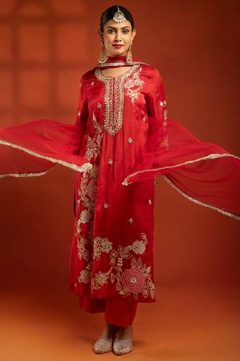 Red embroidered cotton silk kurta set