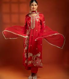 Red embroidered cotton silk kurta set