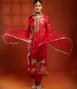 Red embroidered cotton silk kurta set