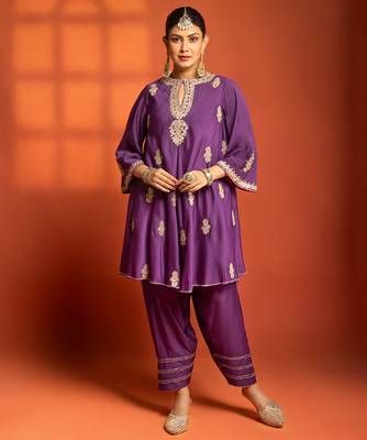 Purple embroidered cotton silk kurta set 1