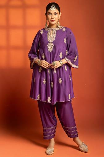 Purple embroidered cotton silk kurta set