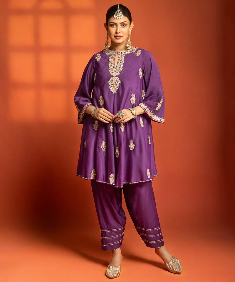 Purple embroidered cotton silk kurta set