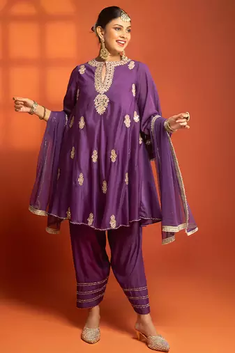 Purple embroidered cotton silk kurta set