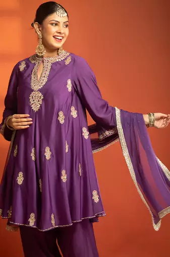 Purple embroidered cotton silk kurta set