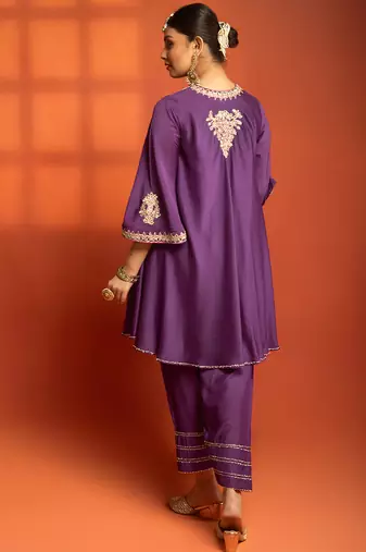 Purple embroidered cotton silk kurta set