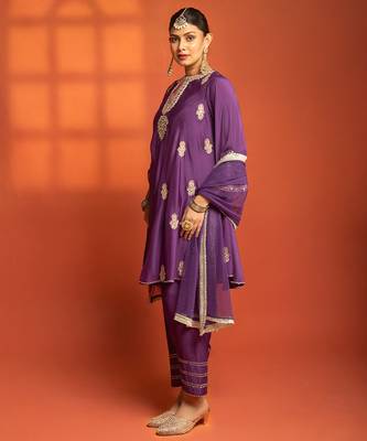 Purple embroidered cotton silk kurta set 5