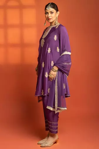 Purple embroidered cotton silk kurta set