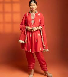 Red embroidered cotton silk kurta set
