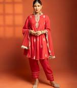 Red embroidered cotton silk kurta set