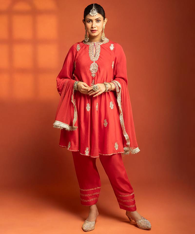 Red embroidered cotton silk kurta set