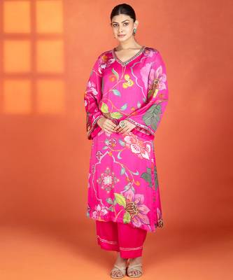 Fuchsia printed satin kurta set 1