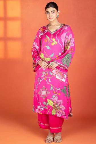 Fuchsia printed satin kurta set