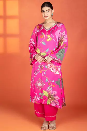 Fuchsia printed satin kurta set
