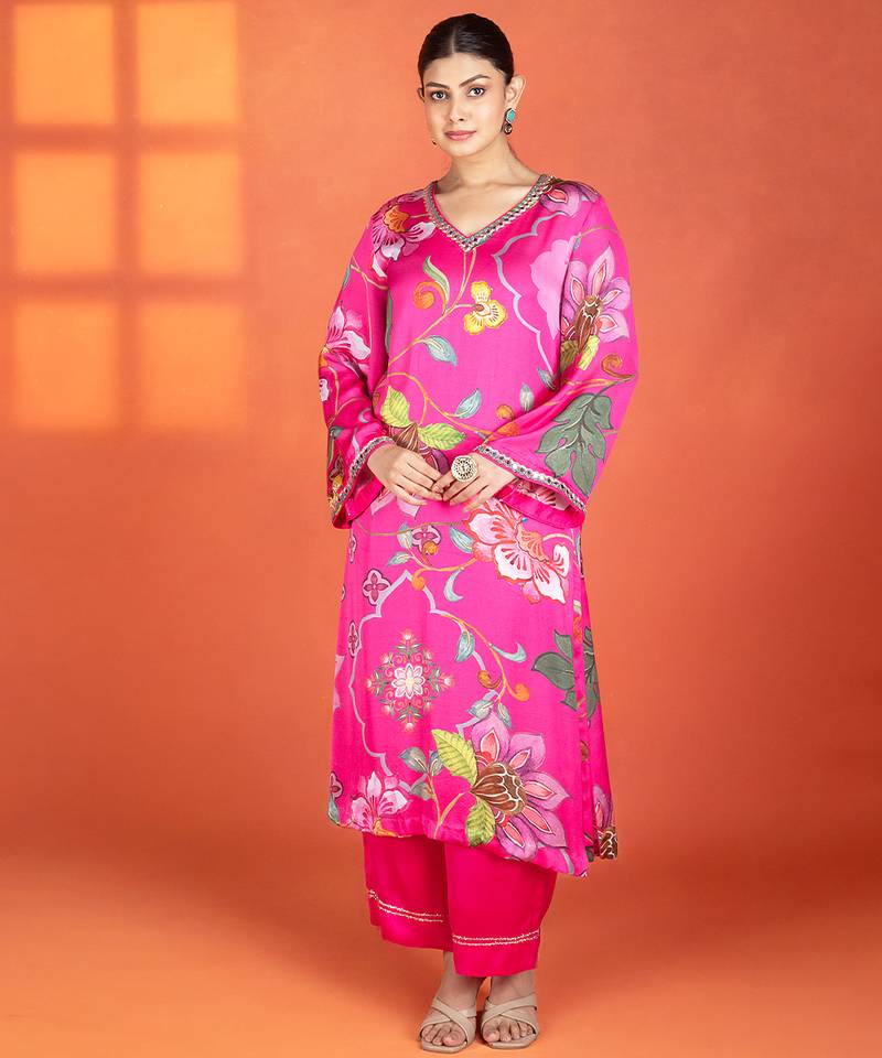 Fuchsia printed satin kurta set