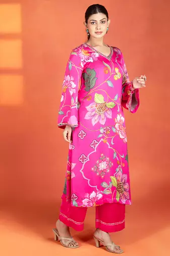 Fuchsia printed satin kurta set