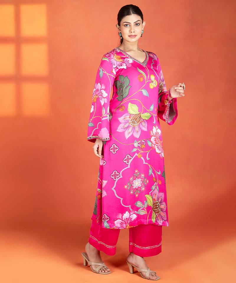 Fuchsia printed satin kurta set