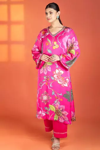 Fuchsia printed satin kurta set