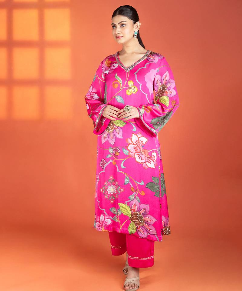 Fuchsia printed satin kurta set