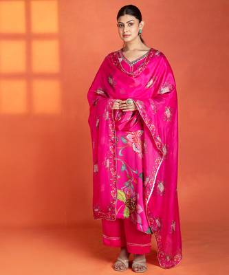 Fuchsia printed satin kurta set 4