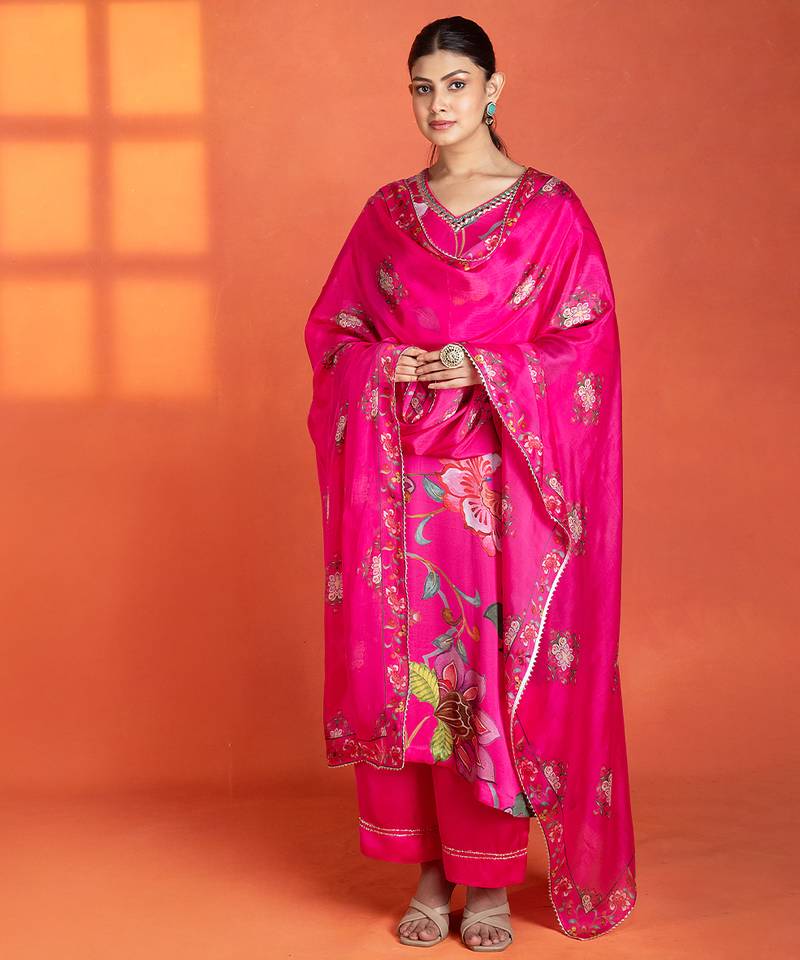 Fuchsia printed satin kurta set