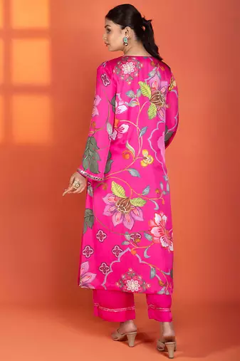 Fuchsia printed satin kurta set
