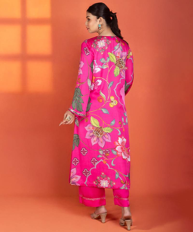 Fuchsia printed satin kurta set