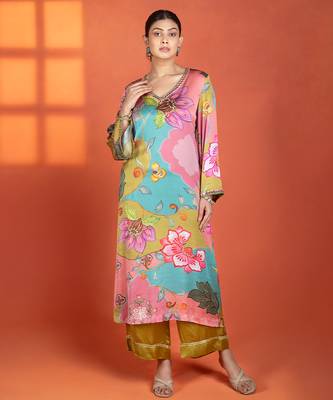 Multicolor floral printed satin kurta set 1