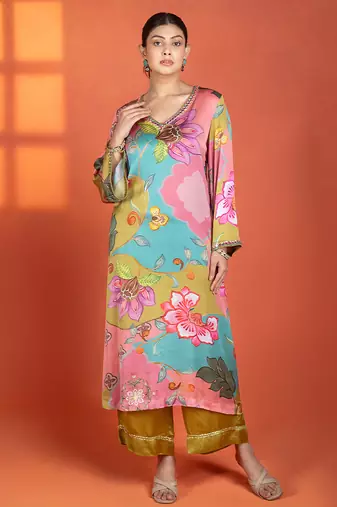 Multicolor floral printed satin kurta set