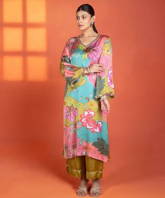 Multicolor floral printed satin kurta set 2