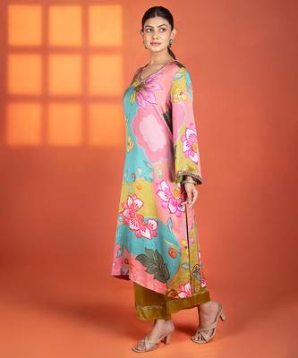 Multicolor floral printed satin kurta set 3