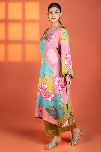 Multicolor floral printed satin kurta set