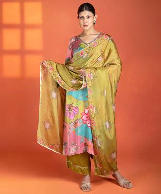 Multicolor floral printed satin kurta set 4
