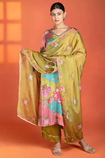 Multicolor floral printed satin kurta set