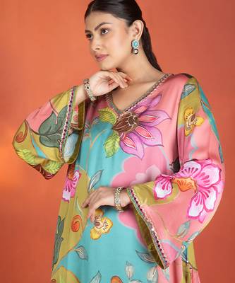 Multicolor floral printed satin kurta set 5