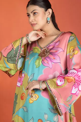 Multicolor floral printed satin kurta set