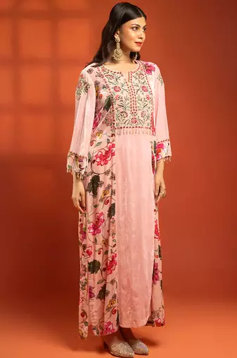 Pink embroidered silk kurta set