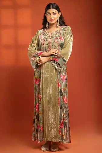 Green embroidered silk kurta set