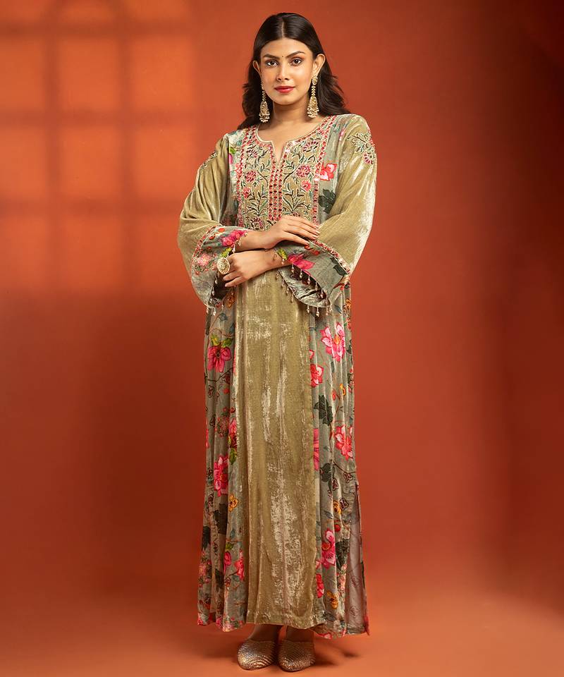 Green embroidered silk kurta set