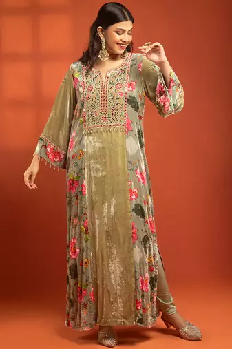 Green embroidered silk kurta set