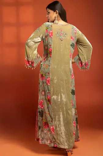 Green embroidered silk kurta set