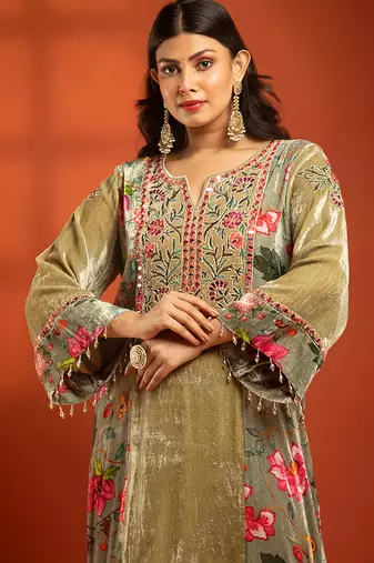Green embroidered silk kurta set