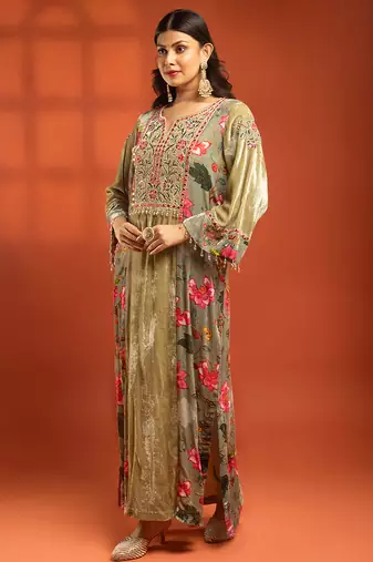Green embroidered silk kurta set
