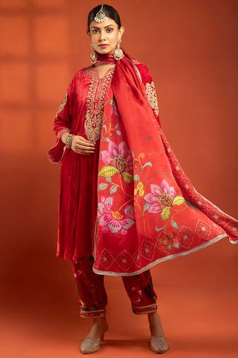 Red embroidered silk kurta set