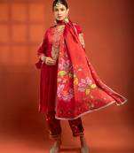 Red embroidered silk kurta set