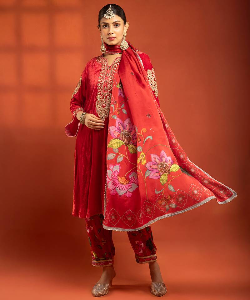 Red embroidered silk kurta set