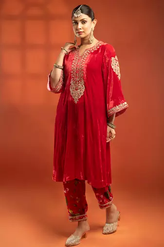Red embroidered silk kurta set