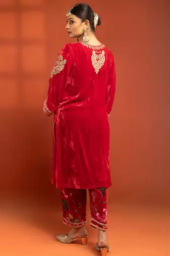 Red embroidered silk kurta set