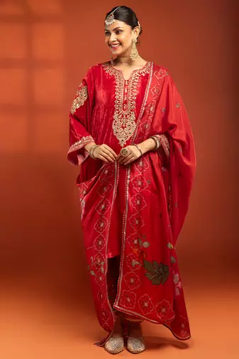 Red embroidered silk kurta set