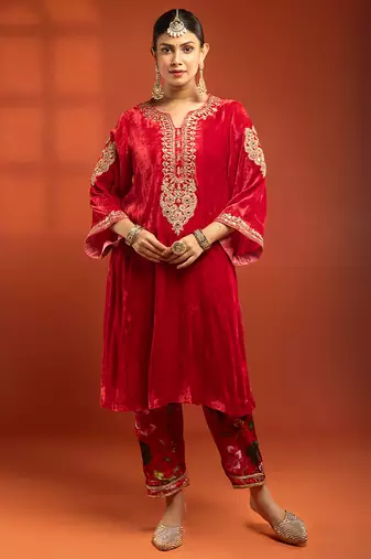 Red embroidered silk kurta set