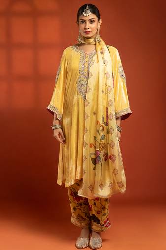 Yellow embroidered silk kurta set